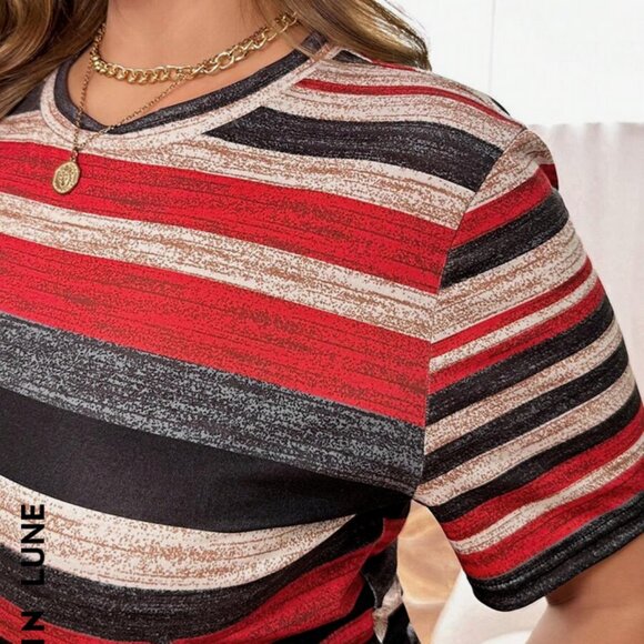 Plus Size Striped Pattern Short Sleeve T-Shirt Pretty Autumn Neutral Colors - Picture 2 of 3